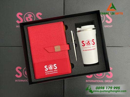Giftset Bộ Quà Tặng (Sổ+ Ly+ Bút) - In Khắc Logo Doanh Nghiệp SOS International Group