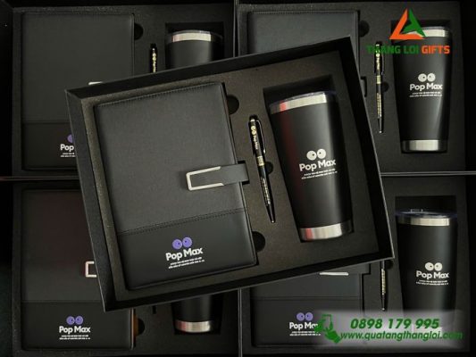 Bộ Quà Tặng (Sổ+ Ly+ Bút) Màu Đen - In Khắc Logo Pop Max