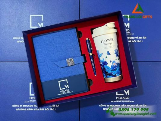 Set Quà Tặng (Sổ+ Ly+ Bút) Màu Xanh - In Khắc Logo Doanh Nghiệp MOLAGO