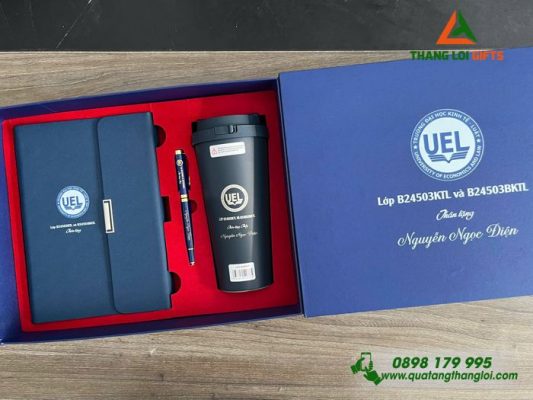 Set Quà Tặng (Sổ+ Ly Lock&Lock+ Bút) Màu Xanh - In Khắc Logo Trường Đại Học Kinh Tế Luật