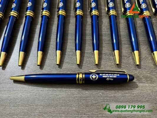 Bút Ký Kim Loại Xoay Màu Xanh Khoen Vàng - Khắc Logo Hội Chữ Thập Đỏ Việt Nam