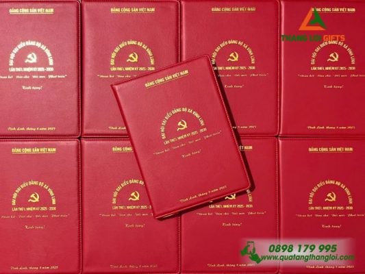 Sổ Tay Dán Gáy Màu Đỏ - Ép Kim Logo Đảng Làm Quà Đại Hội Đảng Bộ Xã Vĩnh Linh