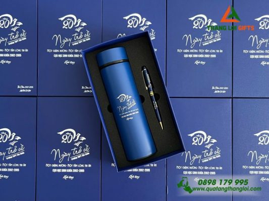 Combo Quà Tặng (Bình Giữ Nhiệt & Bút Ký) Màu Xanh - In Khắc Logo Kỷ Niệm 20 Năm Ngày Ra Trường Trường THPT Tân Châu