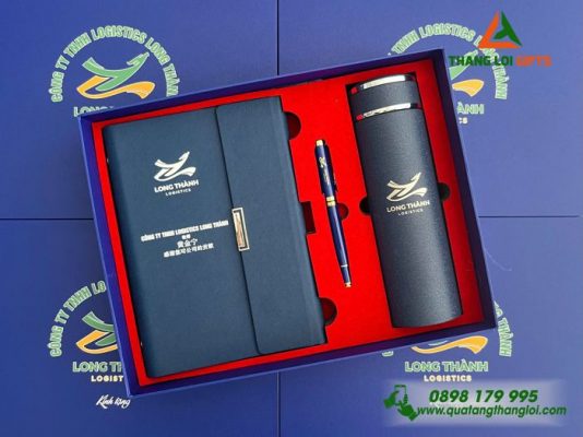 Giftset Bộ Quà Tặng (Sổ+ Bình+ Bút) Màu Xanh - In Khắc Logo Doanh Nghiệp Logistecs Long Thành