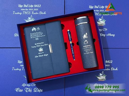 Set Quà Tặng (Sổ+ Bình+ Bút) Màu Xanh - In Khắc Tên Trường THCS Xuân Đỉnh Làm Quà Tri Ân