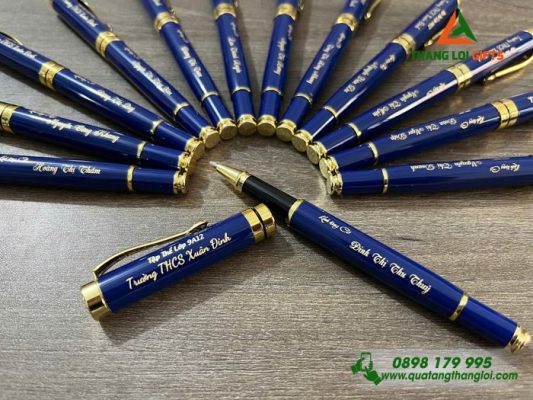 Bút Ký Kim Loại Màu Xanh Khoen Vàng - Khắc Tên Trường THCS Xuân Đỉnh