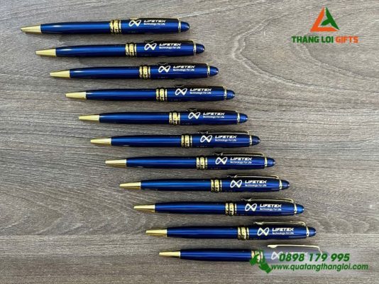 Bút Ký Kim Loại Xoay Màu Xanh Khoen Vàng - Khắc Logo Doanh Nghiệp LIFETEX
