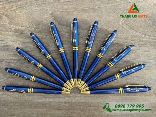 Bút Ký Kim Loại Xoay Màu Xanh Khoen Vàng - Khắc Logo Doanh Nghiệp Sơn Hà Phố