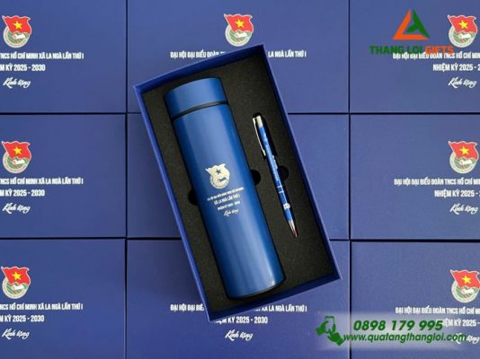 Bộ Quà Tặng (Bình & Bút) Màu Xanh - In Khắc Logo Đoàn TNCS Hồ Chí Minh Xã La Ngà