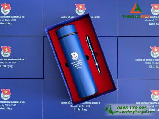 Combo Quà Tặng (Bình & Bút) Màu Xanh - In Khắc Logo Đoàn TNCS Hồ Chí Minh Xã Krông Nô