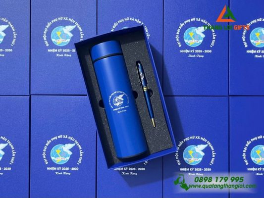 Combo Quà Tặng (Bình Giữ Nhiệt & Bút Ký) Màu Xanh - In Khắc Logo Hội Liên Hiệp Phụ Nữ Việt Nam Làm Quà 20/10