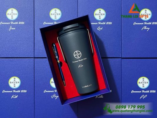 Combo Quà Tặng (Ly Giữ Nhiệt Lock&Lock & Bút Ký) Màu Xanh - In Khắc Logo Doanh Nghiệp BAYER