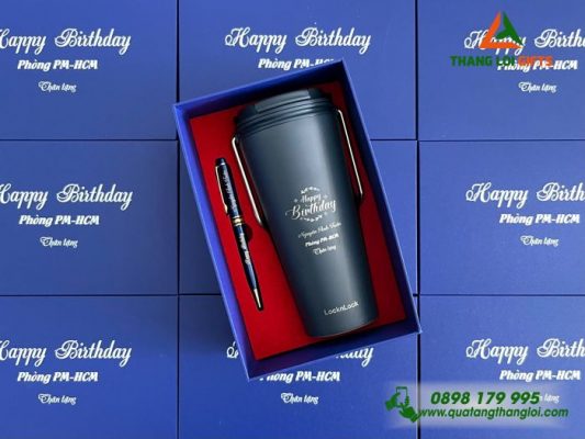 Bộ Quà Tặng (Ly Giữ Nhiệt Lock&Lock & Bút Ký) Màu Xanh - In Khắc Tên Làm Quà Sinh Nhật