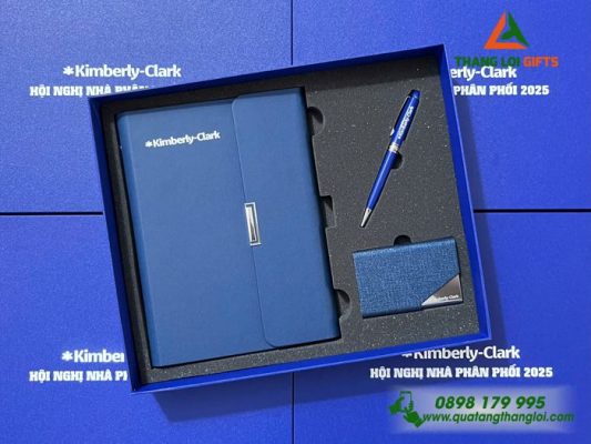 Set Quà Tặng (Sổ+ Hộp Namecard+ Bút) Màu Xanh - In Khắc Logo Doanh Nghiệp Kimberly-Clark
