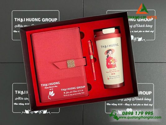 Giftset Bộ Quà Tặng (Sổ+ Ly+ Bút) Màu Đỏ - In Khắc Logo Doanh Nghiệp Thái Hương Làm Quà Nhân Ngày 20/10