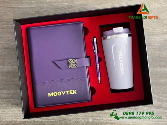 Set Quà Tặng (Sổ+ Ly+ Bút) Màu Tím - In Khắc Logo MOOVTEK