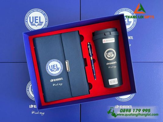 Giftset Bộ Quà Tặng (Sổ+ Ly Lock&Lock+ Bút) Màu Xanh - In Khắc Logo Trường Đại Học Kinh Tế-Luật UEL