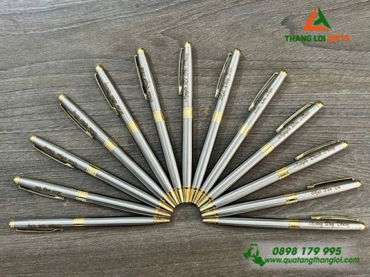 Bút Ký Kim Loại Xoay Màu Inox Khoen Vàng - Khắc Tên Làm Quà Tặng
