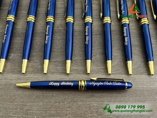 Bút Ký Kim Loại Xoay Màu Xanh Khoen Vàng - Khắc Tên Làm Quà Tặng