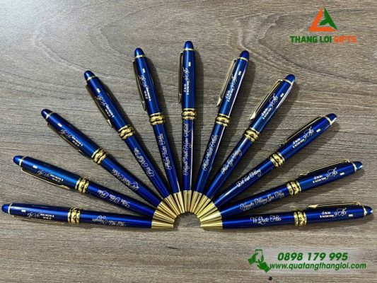 Bút Ký Kim Loại Xoay Màu Xanh Khoen Vàng - Khắc Tên Thầy Cô Làm Quà Tri Ân
