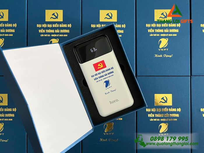 Pin Sạc Dự Phòng Hoco 10.000mAh Màu Trắng - In Logo Đại Hội Đảng Bộ Viễn Thông Hải Dương VNPT