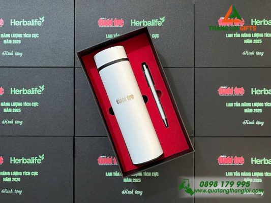 Combo Quà Tặng (Bình & Bút) Màu Trắng - In Khắc Logo Báo Tuổi Trẻ