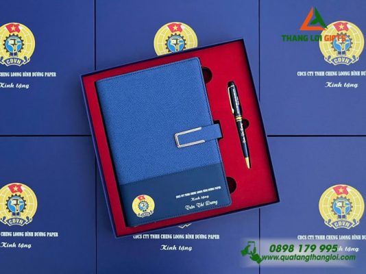 Combo Quà Tặng (Sổ Tay & Bút Ký) Màu Xanh - In Khắc Logo Công Đoàn Việt Nam