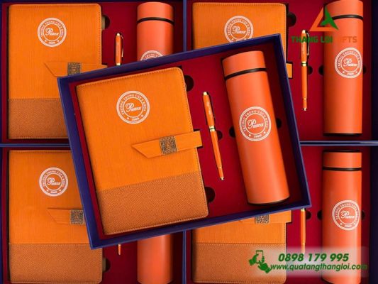 Set Quà Tặng (Sổ+ Bình+ Bút) Màu Cam - In Khắc Logo Trường Trung Cấp Y Khoa Pasteur