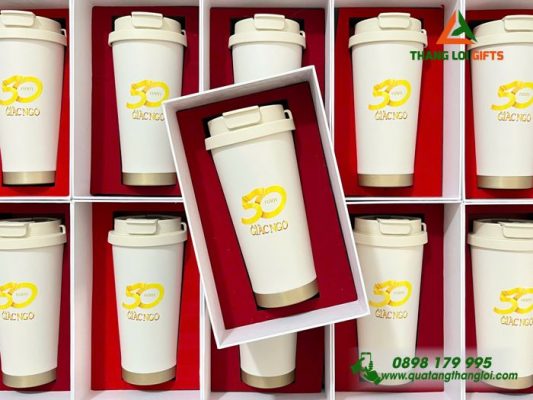 Ly Giữ Nhiệt 530ml Màu Trắng Kem - In Logo Báo Giác Ngộ