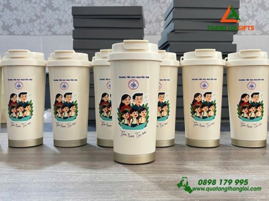 Ly Giữ Nhiệt 530ml Màu Trắng Kem - In Logo Trường Tiểu Học Nguyễn Trãi Làm Quà Tặng Tri Ân Thầy Cô