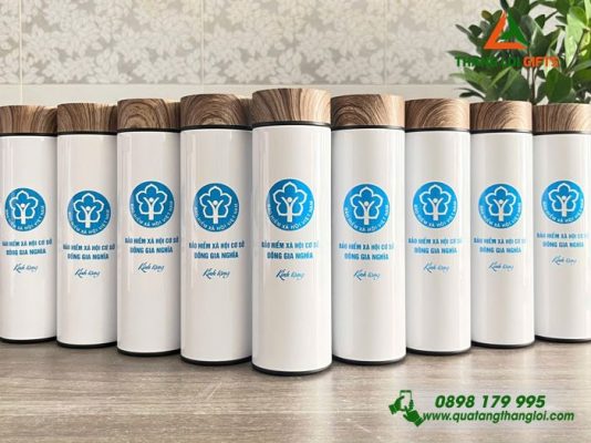 Bình Giữ Nhiệt Nắp Gỗ Màu Trắng - In Logo Bảo Hiểm Xã Hội Việt Nam
