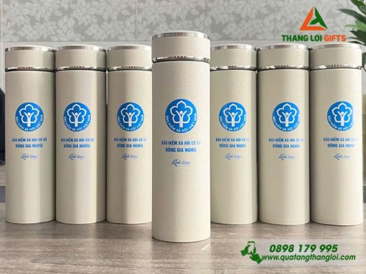 Bình Giữ Nhiệt Sơn Nhám Màu Trắng Kem - In Logo Bảo Hiểm Xã Hội Việt Nam