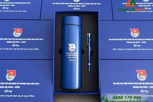Bộ Quà Tặng (Bình Giữ Nhiệt+ Bút Bi) Màu Xanh - In Khắc Logo Đại Hội Đoàn