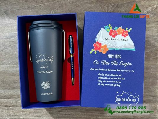 Combo Quà Tặng (Ly Lock&Lock & Bút Ký) Màu Xanh - In Khắc Nội Dung Tri Ân Thầy Cô