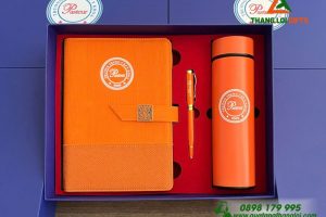 Combo Quà Tặng (Sổ tay+ Bình+ Bút) Màu Cam - In Logo Trường Trung Cấp Y Khoa Pasteur