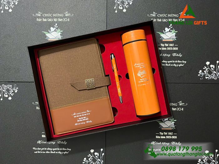 Combo Quà Tặng (Sổ+ Bình+ Bút) Màu Cam_In Khắc Nội Dung Tri Ân Thầy Cô