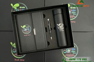 Bộ quà tặng (Sổ tay+ Bình giữ nhiệt & Bút ký) Màu Đen - In Khắc Logo Trường THCS Trần Quý Cáp