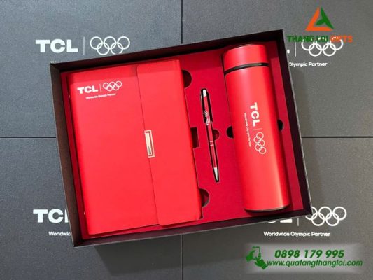 Set Quà Tặng (Sổ+ Bình+ Bút) Màu Đỏ - In Khắc Logo Doanh Nghiệp TCL