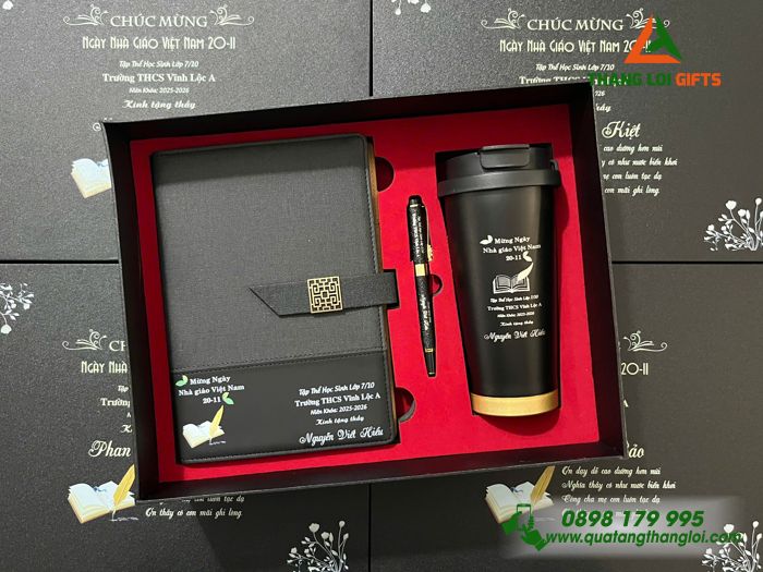 Bộ Quà Tặng (Sổ+ Ly+ Bút) Màu Đen - In Khắc Nội Dung Tri Ân Thầy Cô