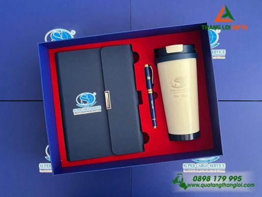 Combo Quà Tặng (Sổ+ Ly+ Bút) Màu Xanh - In Khắc Logo Doanh Nghiệp Super Cargo Service