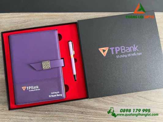 Combo Quà Tặng (Sổ Tay & Bút Ký) Màu Tím - In Logo Ngân Hàng TP Bank