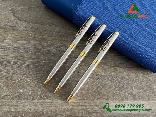 Bút Ký Kim Loại Xoay Màu Inox Khoen Vàng - Khắc Logo GLEN