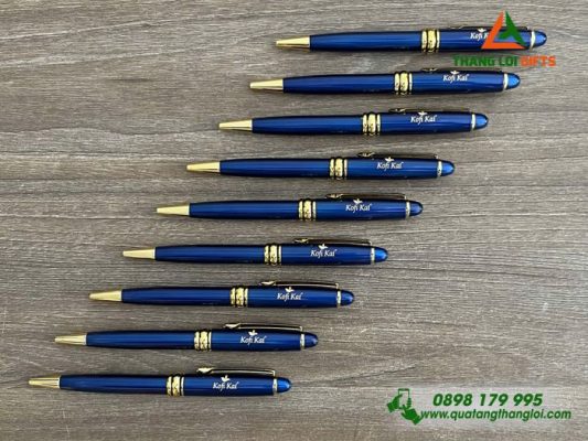 Bút Ký Kim Loại Xoay Màu Xanh Khoen Vàng - Khắc Logo Kofi Kai Coffee