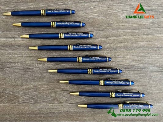 Bút Ký Kim Loại Xoay Màu Xanh Khoen Vàng - Khắc Tên Làm Quà Tặng Cho Nhân Viên