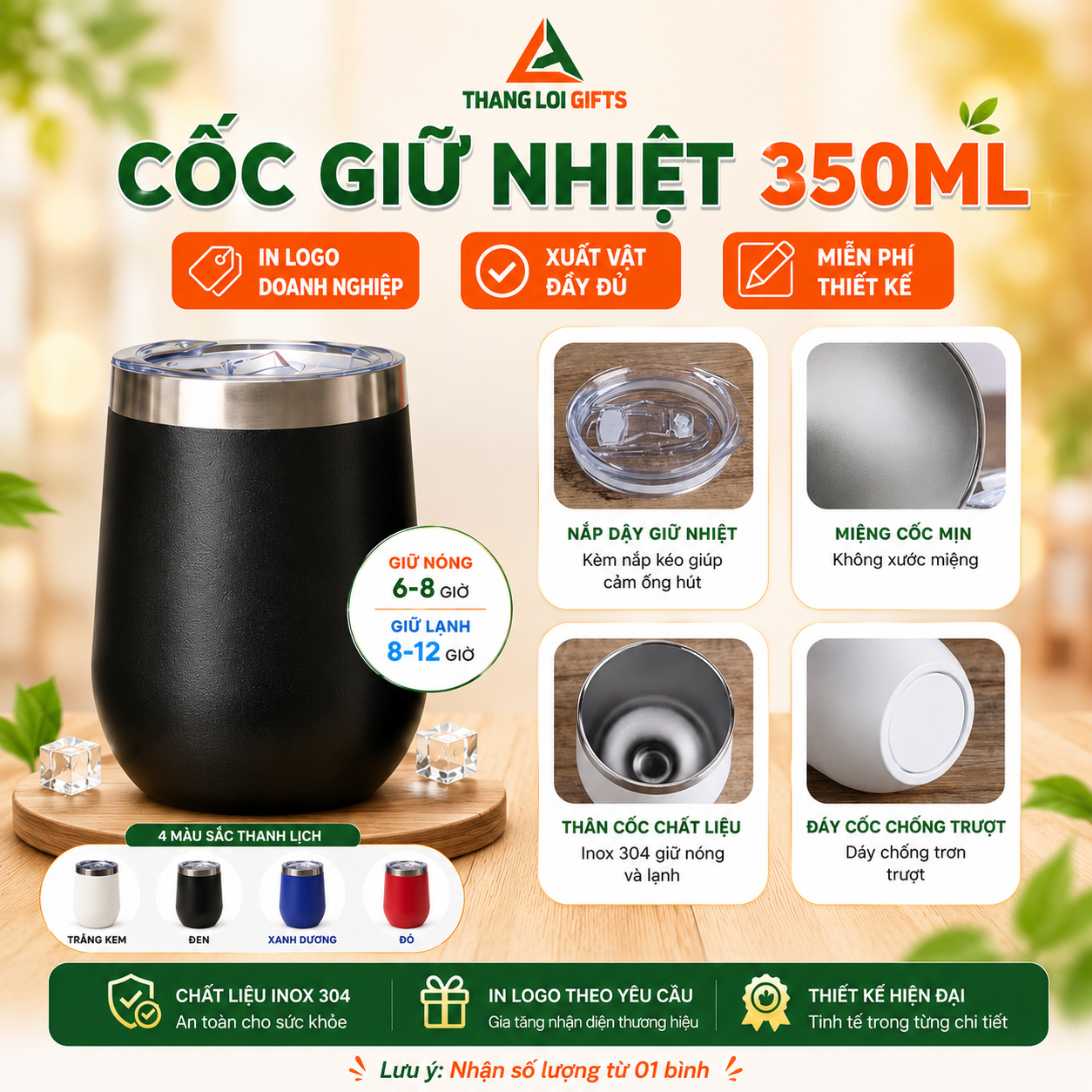 CỐC GIỮ NHIỆT 350ML Ly Giữ Nhiệt 350ml - In Khắc Logo Doanh Nghiệp Làm Quà Tặng