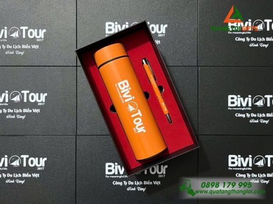 Bộ Quà Tặng (Bình & Bút Bi) Màu Cam - In Khắc Logo Doanh Nghiệp Bivi Tour