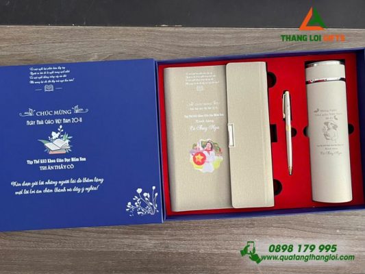 Set Quà Tặng (Sổ+ Bình+ Bút) Màu Trắng Kem - In Khắc Hình Ảnh Làm Quà Tặng Nhân Ngày Quốc Tế Phụ Nữ