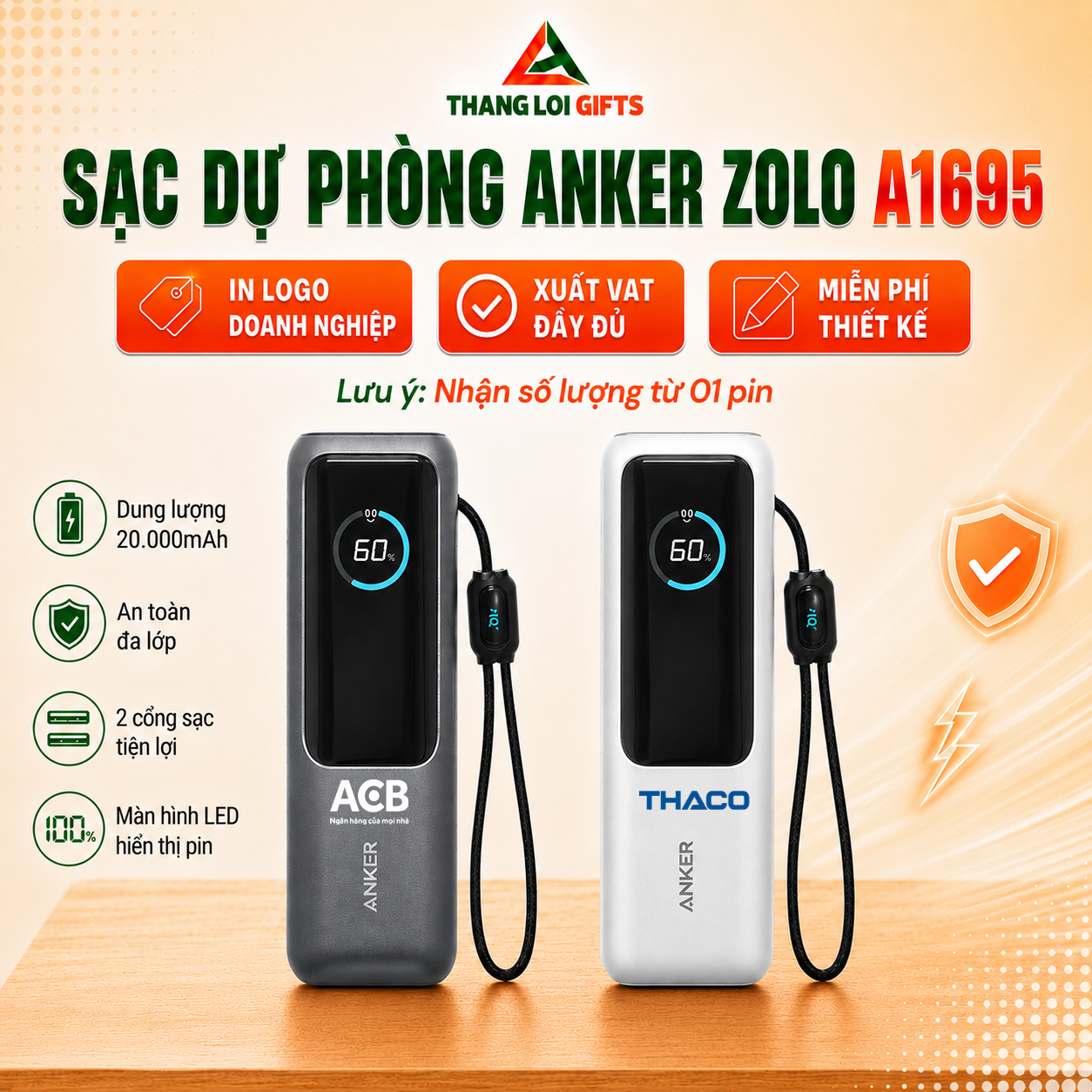 Pin Sạc Dự Phòng ANKER Zolo Power Bank 25.000mAh 165W - In Logo Doanh Nghiệp
