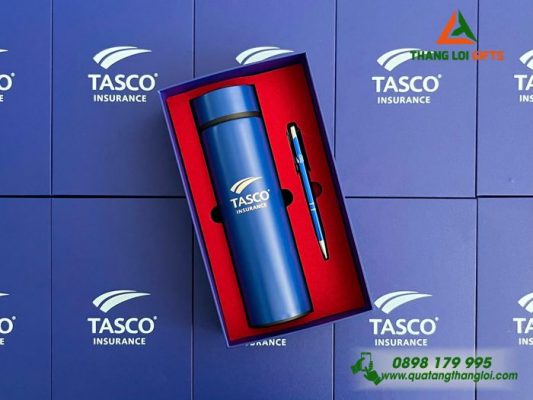 Bộ Quà Tặng (Bình & Bút) Màu Xanh - In Khắc Logo Công Ty Bảo Hiểm Tasco Insurance
