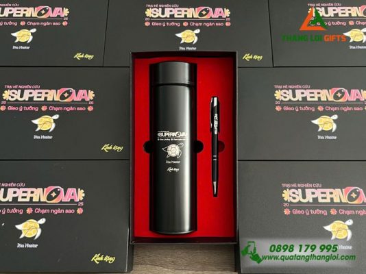 Combo Quà Tặng (Bình+ Bút) Màu Đen - In Khắc Logo Trại Hè Nghiên Cứu Supernova